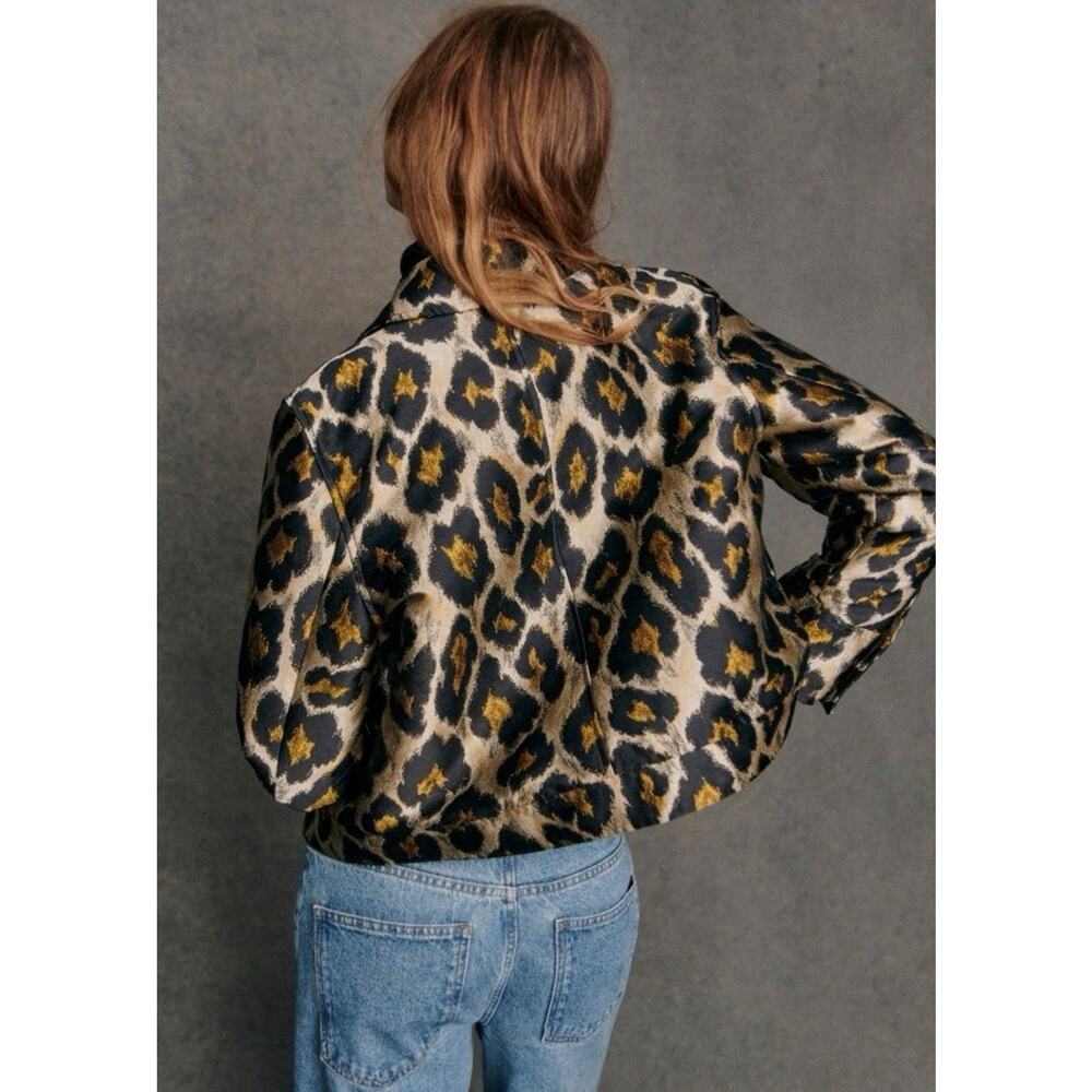 Sezane Terry Jacket 34 XS Leopard Jacquard Cropped Button Front - Picture 3 of 11